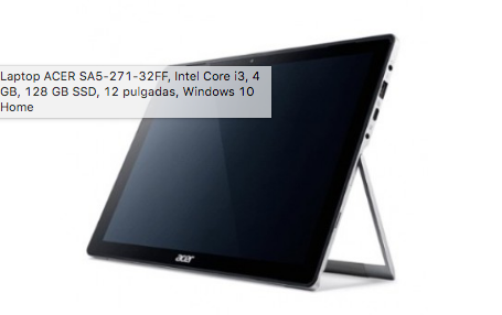 Laptop ACER SA5-271-32FF, Intel Core i3, 4 GB, 128 GB SSD, 12 pulgadas, Windows 10 Home